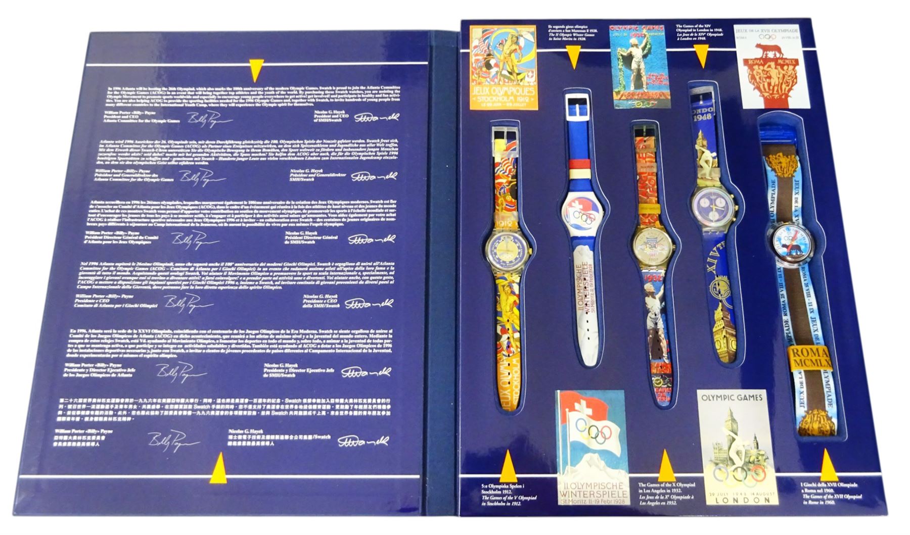 Swatch Historical Olympic Games Watch Collection, eight quartz wristwatches and one automatic, made for the Atlanta 1996 Olympic games