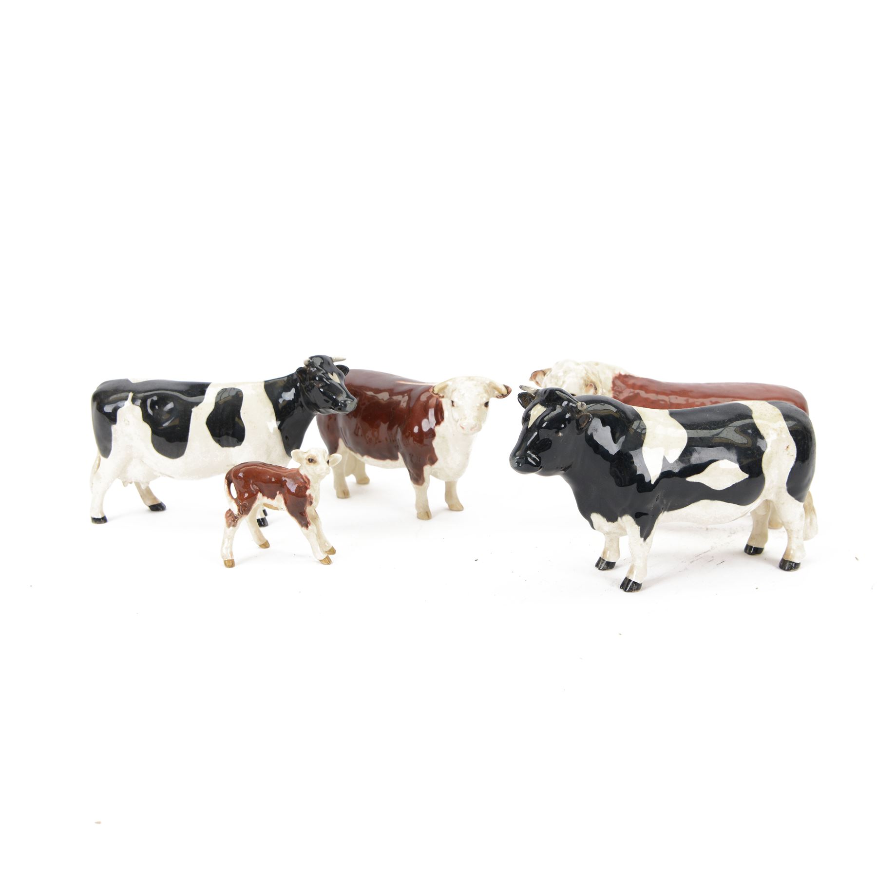 Five Beswick cattle figures, comprising Hereford family; Bull, model 1363, Cow, model 1360 and Calf, model 1827, Friesian Bull Ch. Coddington Hilt Bar, model 1439 and Friesian Cow Ch. Claybury Leegwater, model 1362  