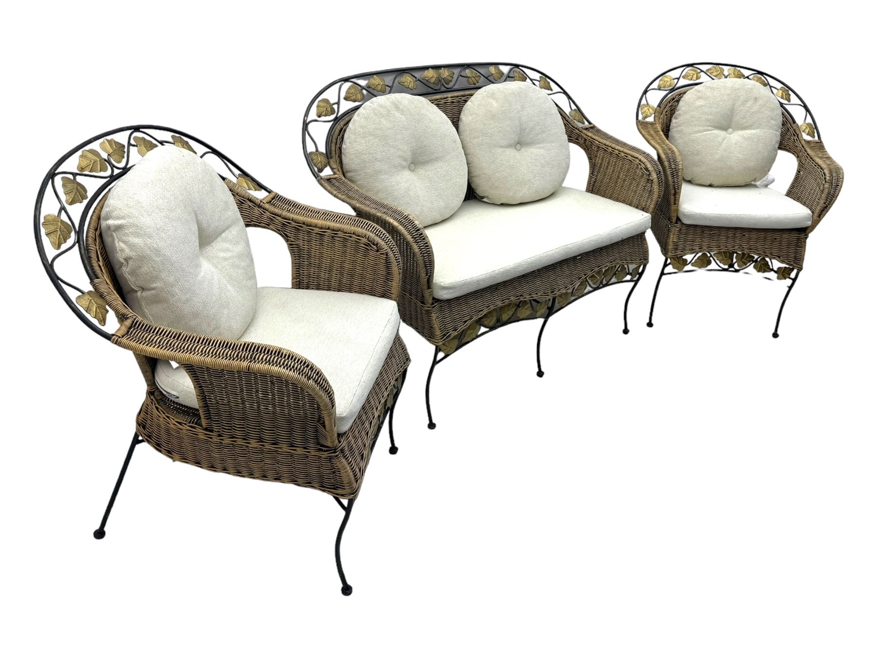Late 20th century three-piece garden suite, wicker construction and wrought iron frame, decorated with cast metal leaf motifs, cream seat cushions and round back cushions
