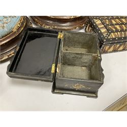 Victorian papier mache and mother of pearl inlaid tea caddy, the hinged cover with foliate inlaid decoration lifting to reveal compartmented interior, two Victorian beadwork footstools, together with quantity of treen to include book trough with carved ship detailing etc