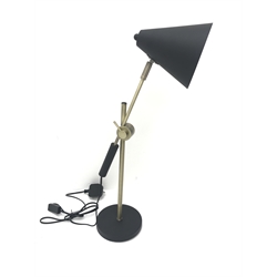  Brass and black finish adjustable desk lamp with cone shaped shade,  on circular base, H72cm max  