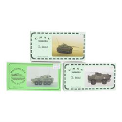 Nine military vehicle model kits, including five 1:76 and 1:87 scale Continental Model Supply Company kits, three 1:76 scale Milicast Premiere Range kits and a Calibre 35 1:35 scale Clark CA-1 Airborne Dozer kit, all boxed