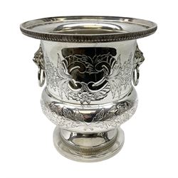 Silver plated Barker Ellis wine cooler of campagna form, the body of part fluted form with twin lion mask modelled handles, upon a circular foot, impressed mark beneath, H22.5cm 