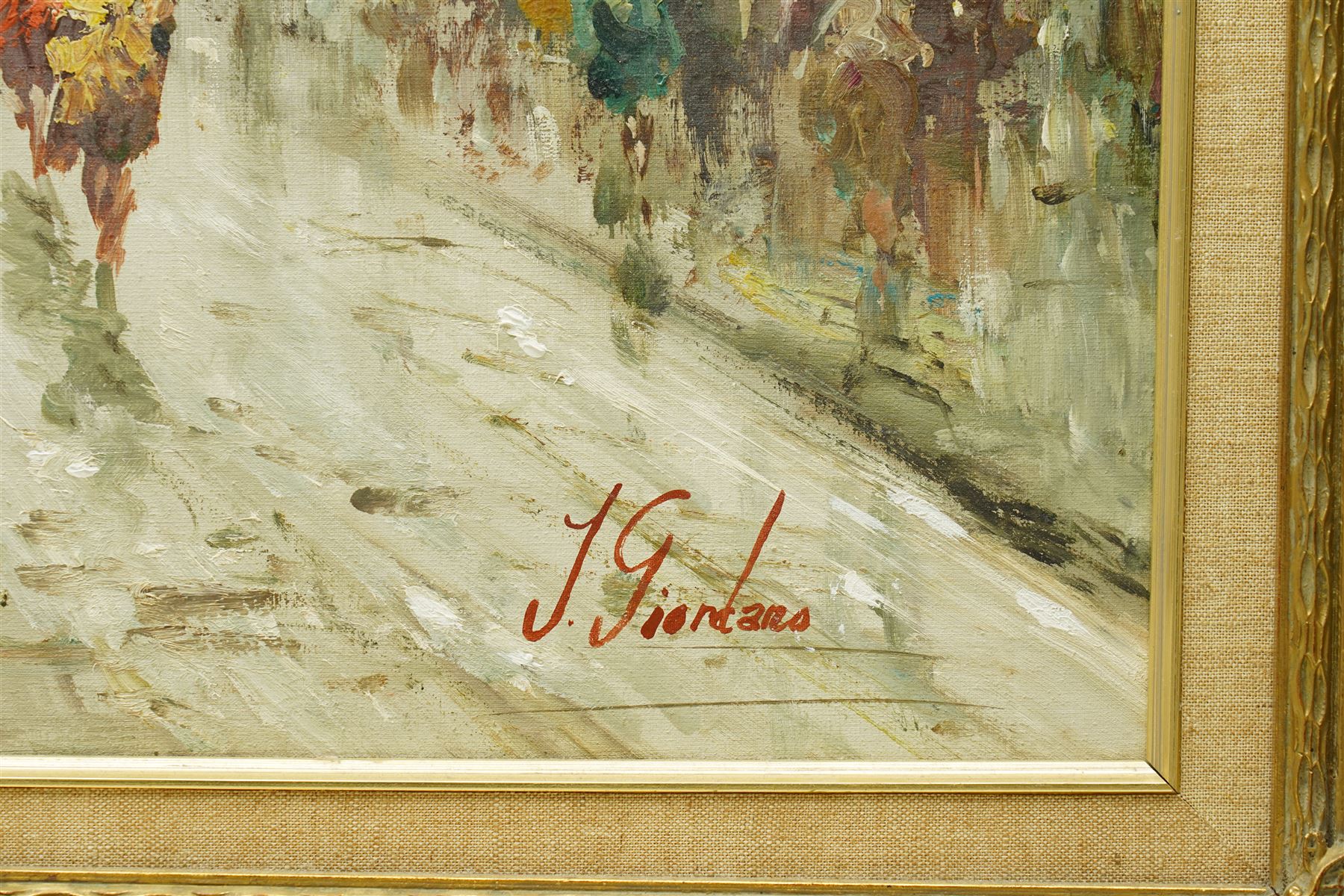 French School (Mid-20th century): Parisian Street Scene, oil on canvas signed J Giordans 60cm x 91cm