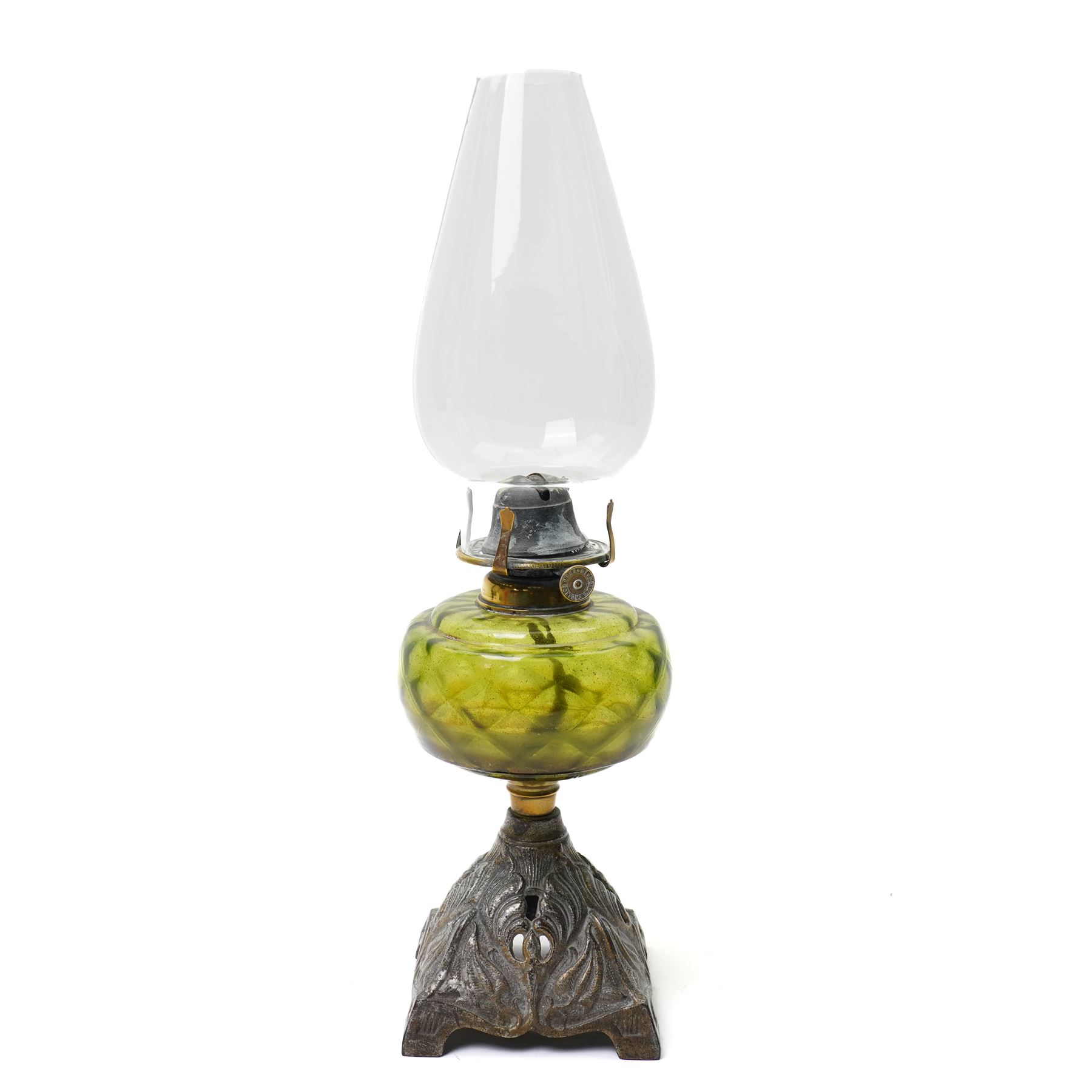Late Victorian table oil lamp with green glass reservoir and metal base , cranberry glass oil lamp with loop handle and a pair of cranberry glass vases H30cm (4)