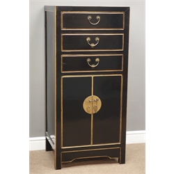  Chinese black lacquered cabinet, three drawers and cupboard, W60cm, H131cm, D50cm  