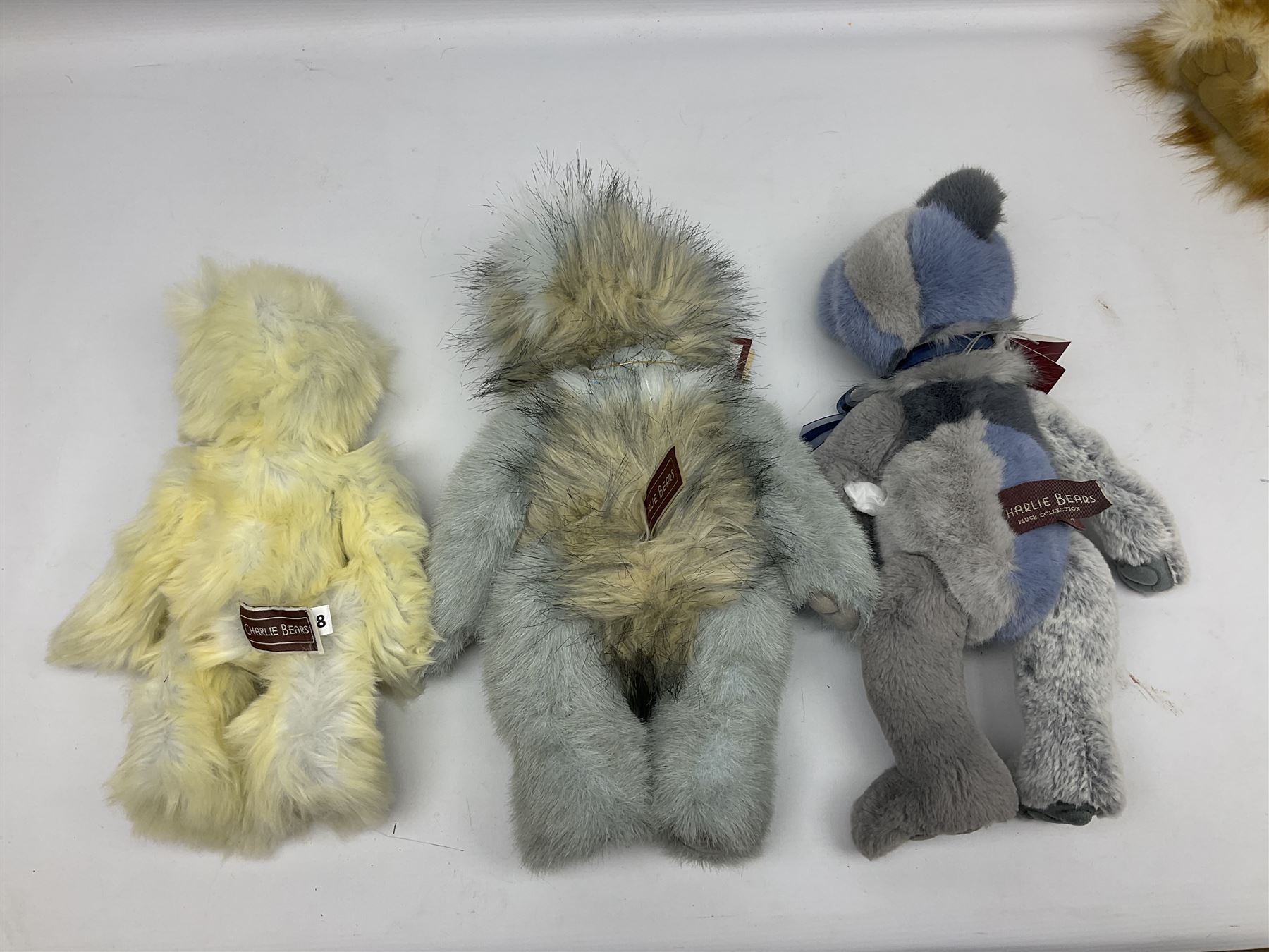 Five Charlie Bears, comprising Chucky Egg CB159030S, and Elwood CB181717, both designed by Heather Lyell, Hodgepodge CB181871A, and Elizabeth CB171752A, both designed by Isabelle Lee, all with tags, and an example CB159011S lacking tag
