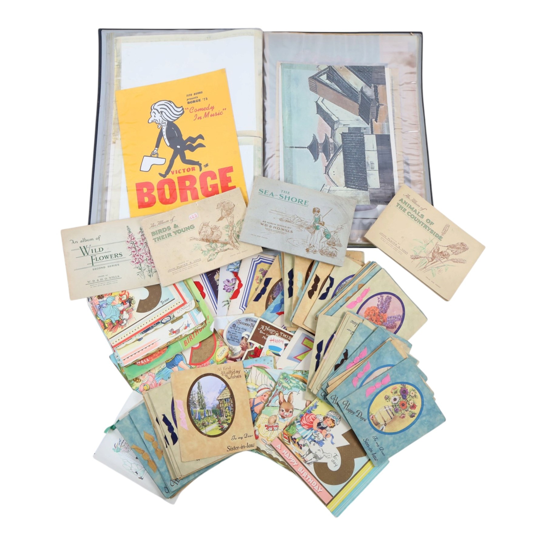 Collection of 20th century birthday cards and similar, together with children birthday cards, cigarette card albums and scrap book containing newspaper cuttings, programs and prints  