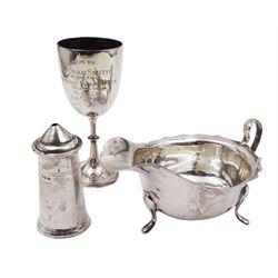 1920s silver goblet, with presentation engraving to bowl, upon knopped stem and domed circular foot, hallmarked James Deakin & Sons, Sheffield 1920, together with a mid 20th century silver sauce boat, with shaped rim, upon three pad feet, hallmarked Viner's Ltd, Sheffield 1958 and a salt shaker, of bullet form, hallmarked  Viner's Ltd, Sheffiled 1948, goblet H11.3cm