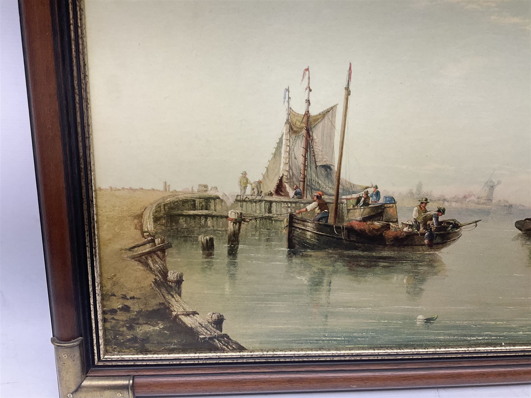 Framed oleograph type print after Henry Redmore, Calm on the Humber, overall H60cm W121cm