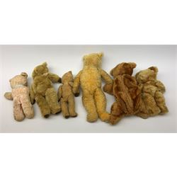 Six English teddy bears 1930s-50s including cinnamon coloured nightdress case, possibly Alpha Farnell, with revolving head, glass type eyes and vertically stitched nose and mouth H14