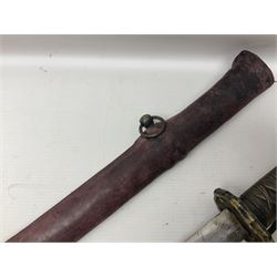 Copy of a WWII Japanese NCO sword, the 65cm slightly curving blade stamped with pseudo Japanese characters and cast brass simulated cord bound grip; in officer's leather bound field scabbard L97cm overall