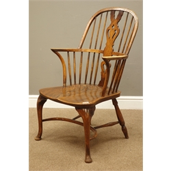  Elm bow arm Windsor chair with pierced splat and cabriole legs with crinoline stretcher, stamped AP  