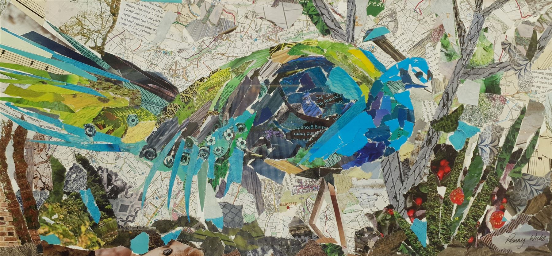 Penny Wicks (British 1949-): 'Pondering Peacock', mixed media collage signed, titled on label verso 21cm x 46cm
