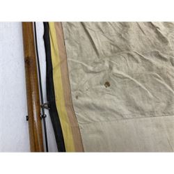 WW2 Belgian Partisan/Resistance two-sided banner embroidered in black on a cream ground 'Belgische Partisanen Korps 032 afd: Ph: De Bruyne' within a Belgian flag border; on wooden pole with gilded metal lion and laurel wreath finial