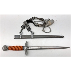  German WWII  Luftwaffe officer's dagger, 25cm flattened diamond shape blade with maker's mark 'Original Eickhorn Solingen', wire wound grip, pommel decorated with laurels and eagle design guard, in textured scabbard with belt hanger and knot, 38.5cm,   