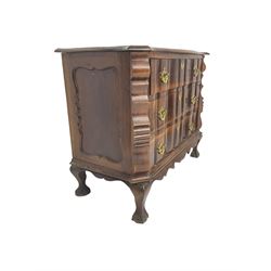 19th century Dutch serpentine chest, moulded edge, fitted with three drawers with shaped fronts and brass handle pulls, flanked by shaped uprights and panelled sides, raised on cabriole supports terminating in ball and claw feet