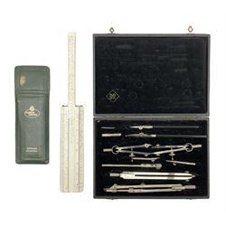 Cased set of  drawing Instrument instruments, together with A.W Faber-Castell ruler in a leather case, 