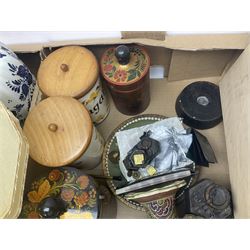 Set of metal weighing scales, pair of Chinese style ceramic table lamps, blue and white ceramics, oriental ceramics and a collection of other glassware, metal ware and collectables, in five boxes 