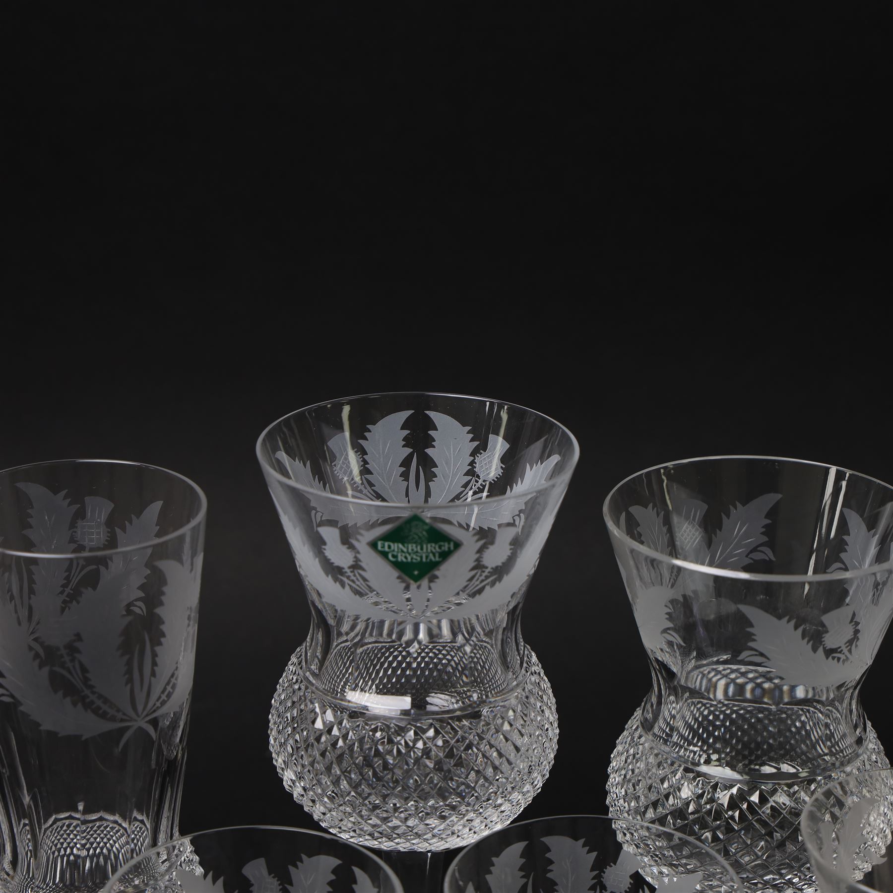 Ten Edinburgh Crystal Thistle pattern glass, comprising one red wine glass, two white wine glass, champagne flute, two port, three sherry and one tumbler