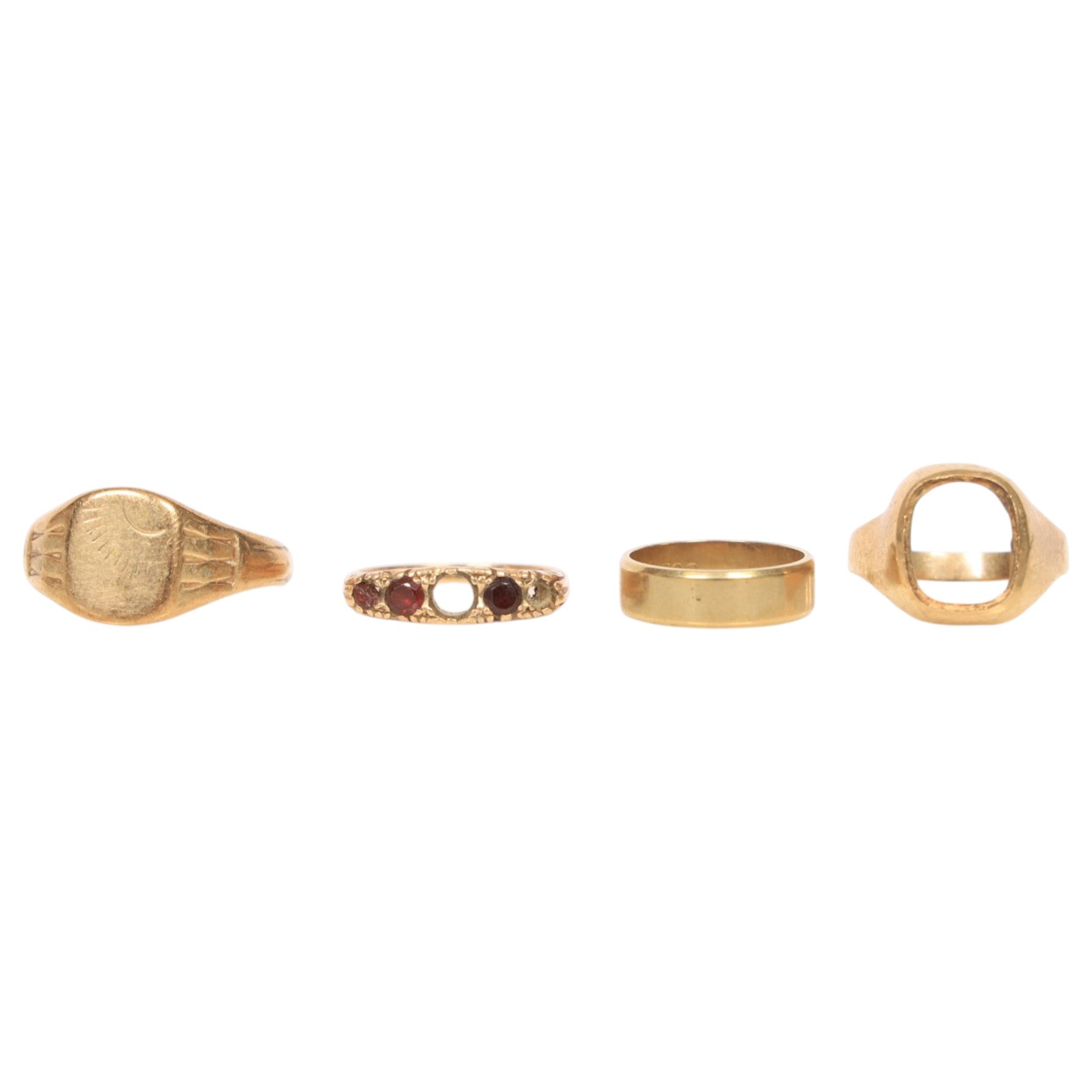 9ct gold rings, including wedding band, two shanks and a stone set ring, together with two 9ct gold stone set stick pins, silver horseshoe stick pin and a piece of silver solder