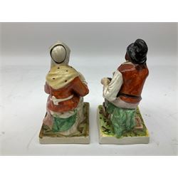 Pair of Victorian Staffordshire Pottery Figures, modelled as a milkmaid and farmer with cows, on naturalistic modelled oval bases, together with  pair of Staffordshire figures, modelled as the Cobbler Jobsons and His Wife Nell, both seated, tallest example H21cm