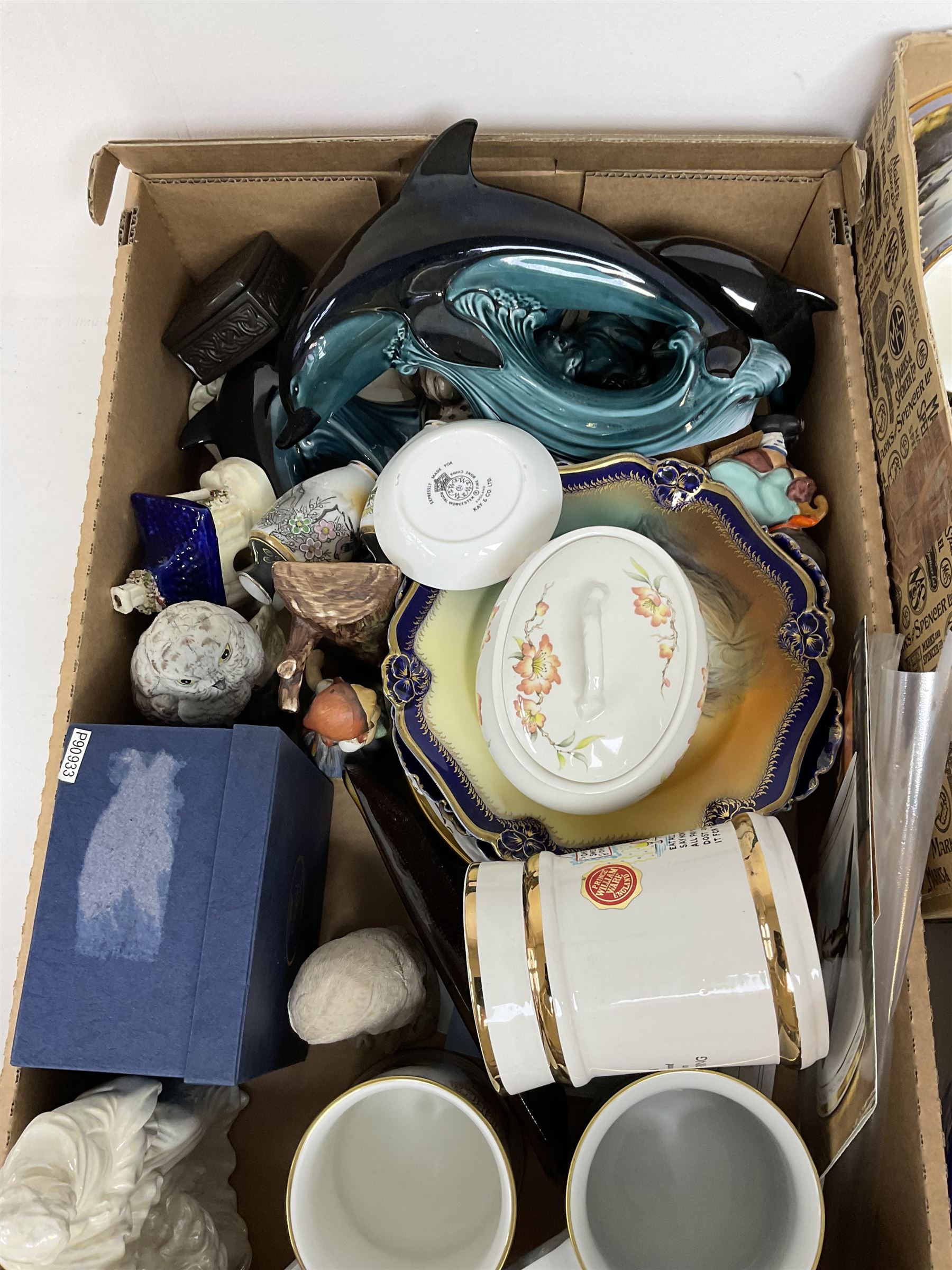 Limited edition Royal Doulton The Dambusters tankard, The Royal Air Force Museum Wings of Destiny tankard with certificate, and further Flying for Victory tankard, Johnson Brothers Fruit Sampler pattern tea and dinnerware, Poole dolphin and other animal figures, other ceramics etc in three boxes