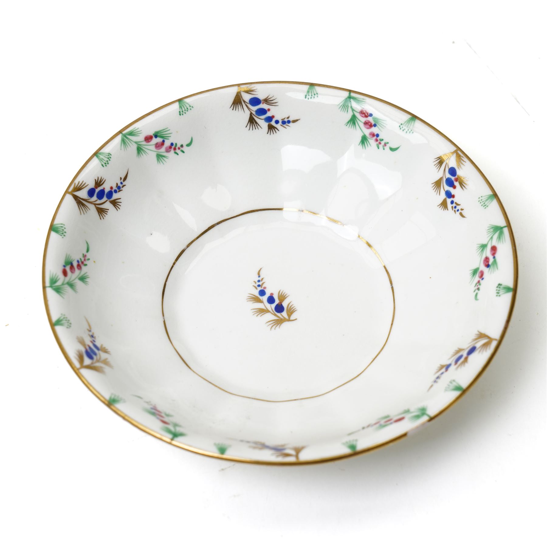 19th century English porcelain tea service, possibly Coalport, comprising teapot, covered sucrier, ten teacups and saucers, slop bowl, milk jug, and two serving dishes