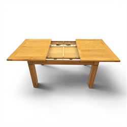 Contemporary oak dining extending table and set of six chairs, with additional leaf  extending to 182cm, chairs with cream upholstered seat