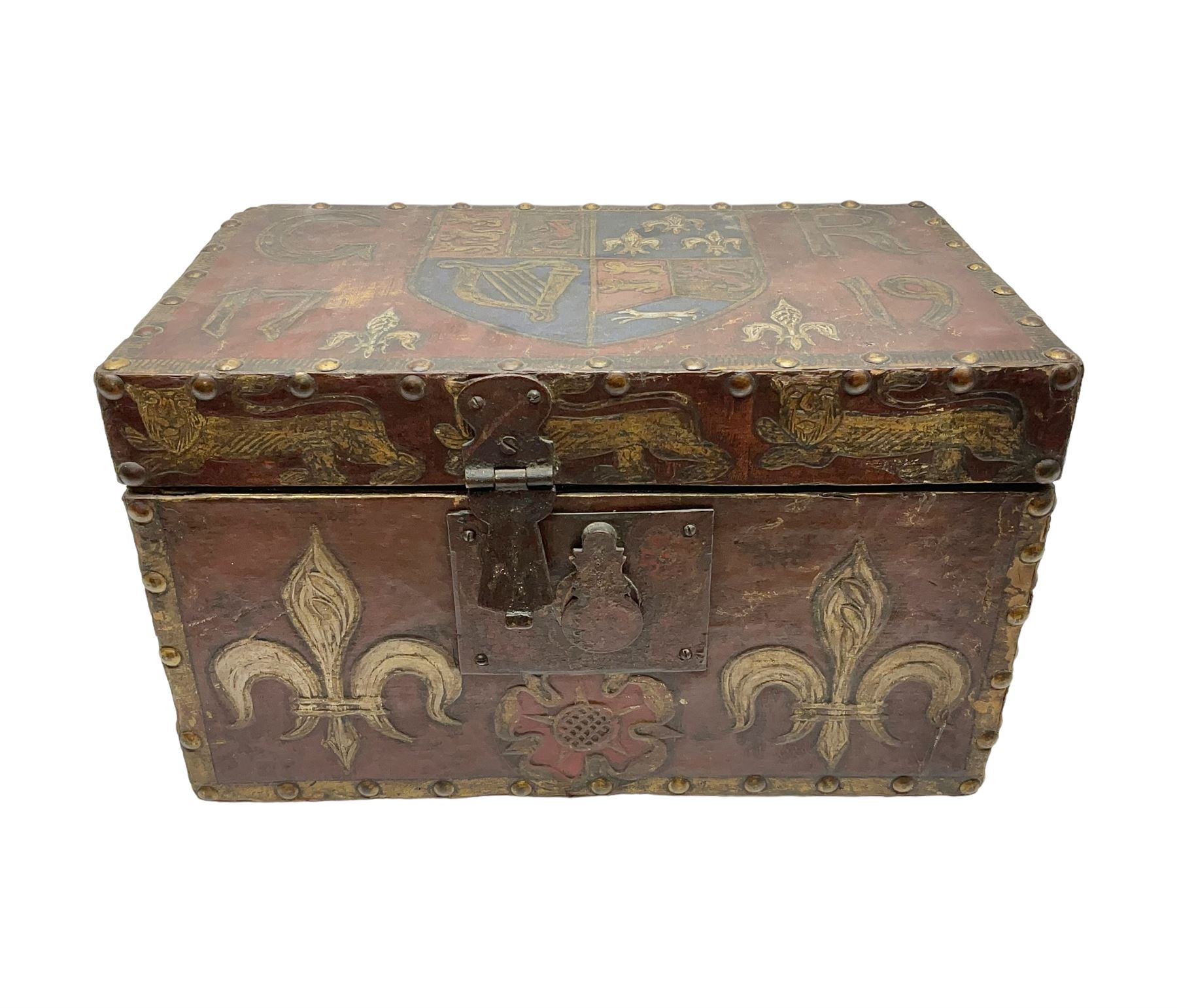 20th century box, decorated in faux leather with the royal coat of arms and GR 1719 to hinged cover, with fleur-de-lis, lion, crown and rose motifs throughout and studs to all edges, opening to reveal a purple velvet interior containing three removable wooden trays, H18.5cm