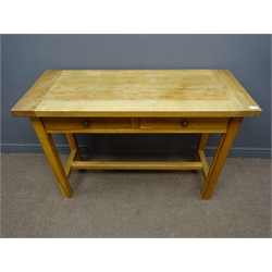  Light oak side table, two drawers, square supports joined by a strether, W123cm, H85cm, D50cm  