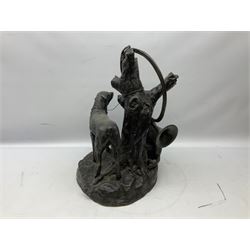 After Auguste Nicolas Cain (French, 1822-1894) large bronze figural group, modelled as two hunting dogs sitting by a tree stump, with hunting horn hanging above, inscribed H. Moreau, H55cm