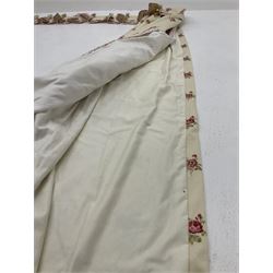 Pair lined curtains with floral field with pelmet and tie backs (W190cm, D174cm)