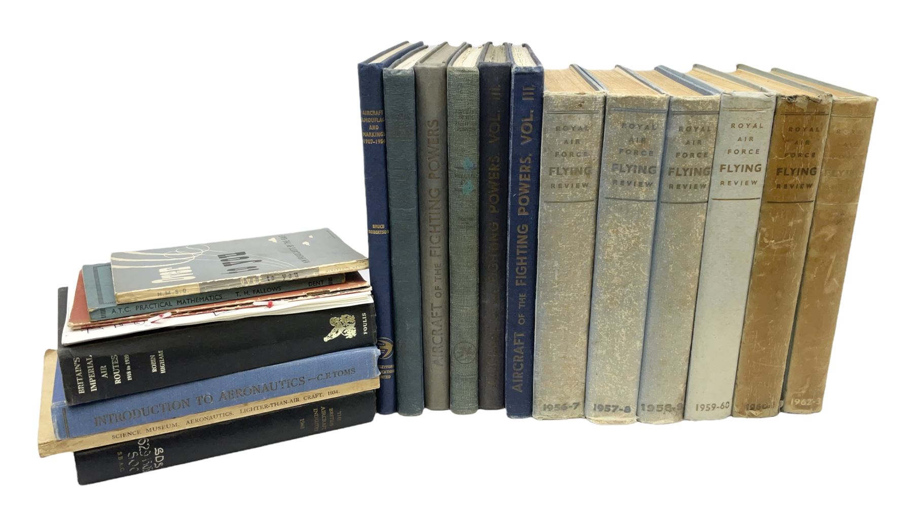 Aircraft of the Fighting Powers. Five volumes. 1940-44 including two copies of volume three; Royal Air Force Flying Review. Six volumes. 1956-63. Uniformly bound in blue cloth with gilt RAF crest to front covers; and ten other books of aircraft and aeronautica interest.