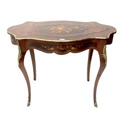 Late 19th century marquetry inlaid gilt metal mounted occasional table, shaped oval top, quartered walnut and kingwood veneered with floral and foliate design matching to frieze, single drawer on shaped cabriole legs