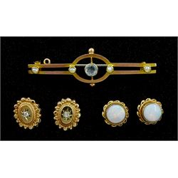 Pair of gold opal earrings, pair of diamond chip earrings and a stone set brooch, all 9ct stamped or hallmarked