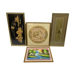 Chinese School (20th century): Junk Sailing Near Shore, pair oils on canvas laid onto board indistinctly signed together with a watercolour of Taormina (Sicily), two eastern original pictures and two tapestries max 29cm x 39cm (7)
