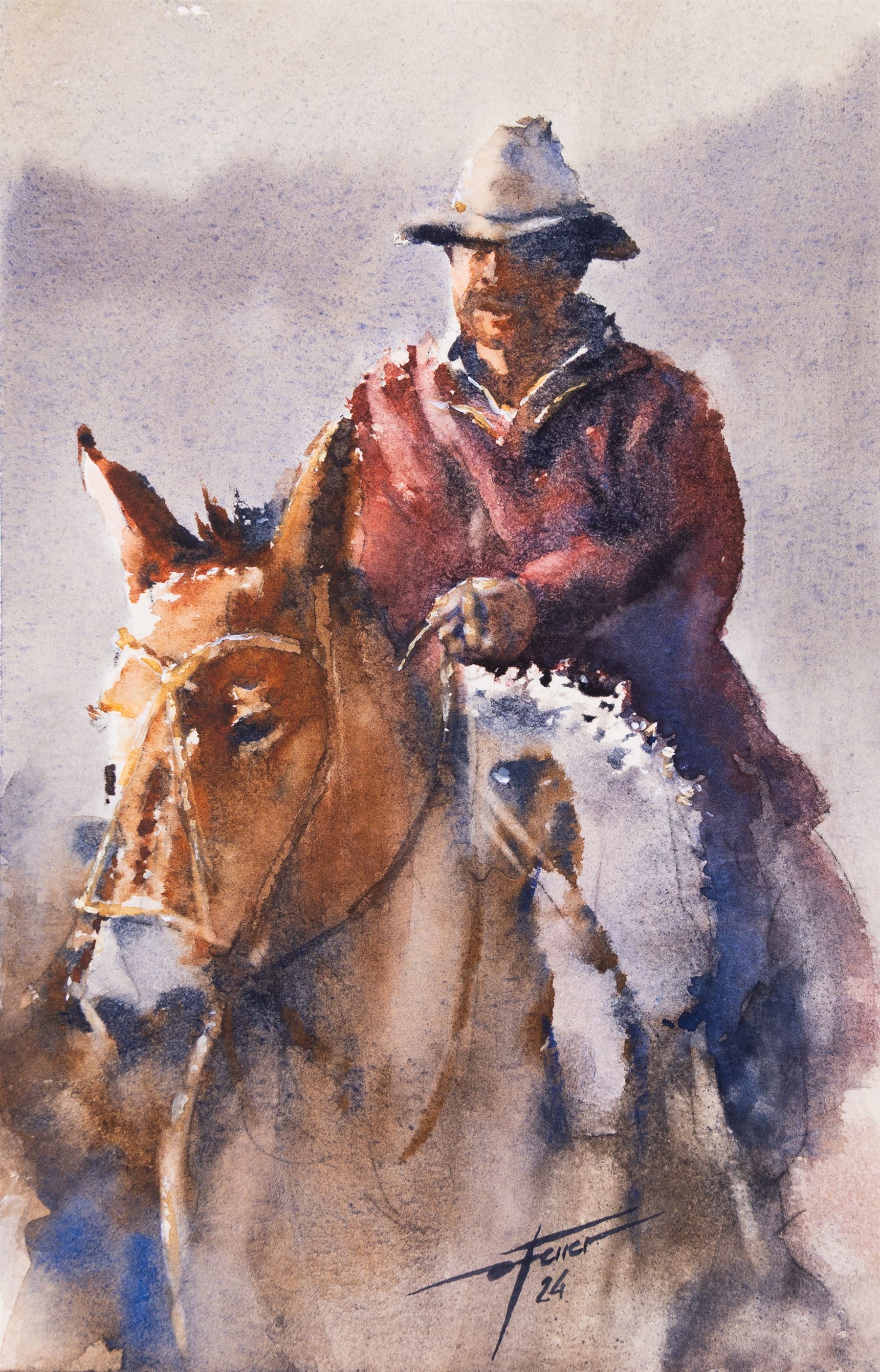 Diego Ferrer (Argentinian Contemporary): Gauchos on Horseback, set of three watercolours signed and variously dated, each approx. 22.5cm x 14.5cm (3) (one unframed)
