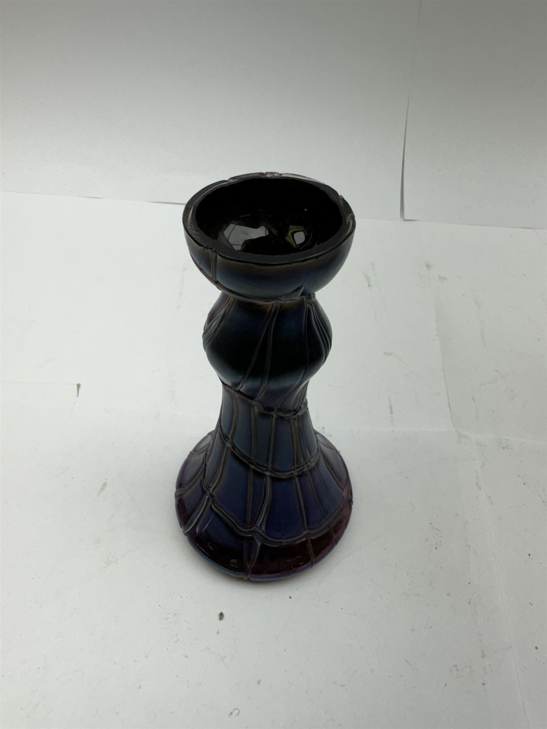 Five Austrian Art Nouveau glass vases, to include Pallme-Konig example with split fluted rim, two similar Kralik examples with threaded vein decoration and two others, tallest H21.5cm