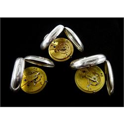 Victorian silver open face English lever fusee pocket watch by Thomas Russel & Son, Liverpool, No. 67496, engraved balance cock with diamond endstone, white enamel dial with Roman numerals and subsidiary seconds dial and two other similar Victorian silver pocket watches, one by M Michael, Edinburgh, all hallmarked (3) 