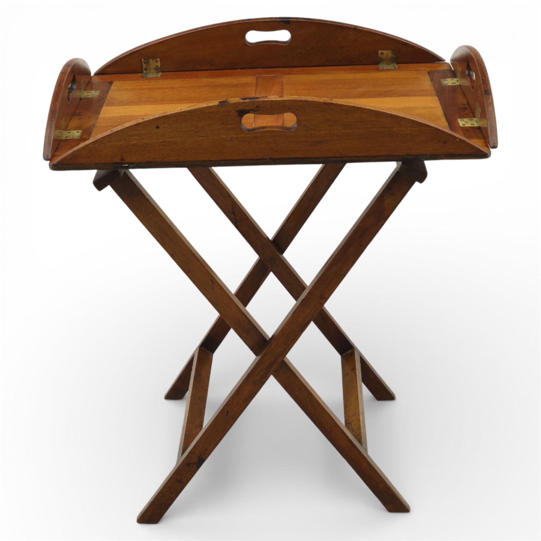 Mid 19th century mahogany butler's tray and stand, the rectangular tray with curved folding handles, opening flat, supported upon an X frame stand  