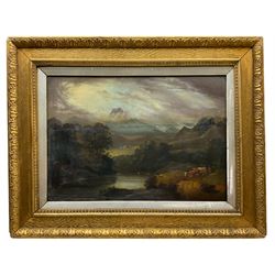 English School (19th century): Cattle in a River Mountainous Landscape, oil on panel unsigned 38cm x 55cm