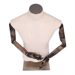 Male mannequin torso with fabric body and poseable wooden arms, on a square metal base