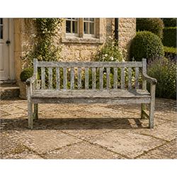 Weathered teak garden bench, slatted seat and back, square form arms and legs