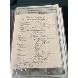 Collection of autographs and ephemera, including 1995 St Andrews Open Championship programme signed by George Bush, 'With the compliments of 20th Australian Team to Great Britain 1948' autographed team sheet, and other golf and cricket interest items