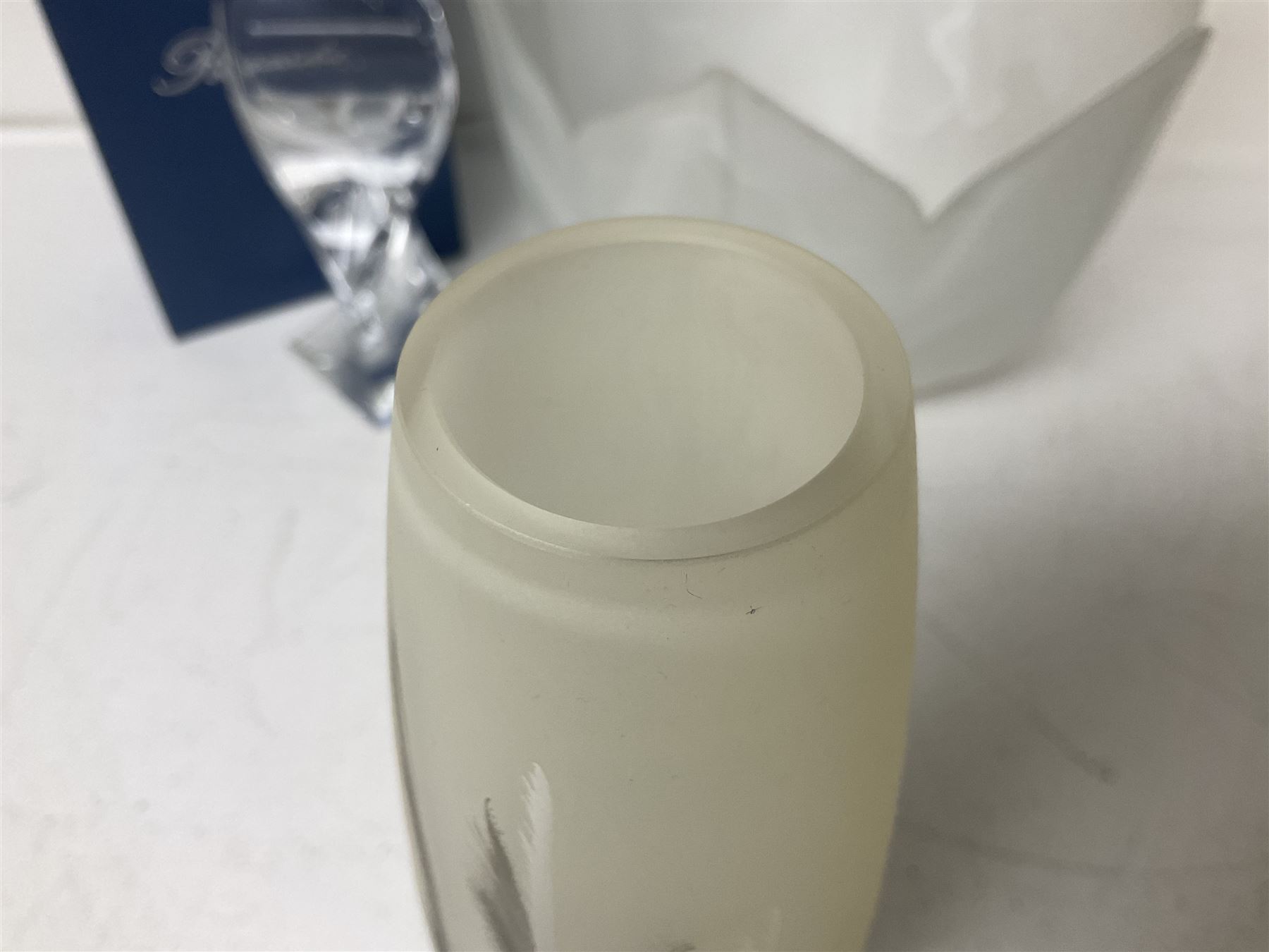 Late 20th century art glass, to include a Robert Held vase, of baluster form with iridescent swirl design, two frosted glass vases with peacock feather design on green and white ground, frosted glass tulip shaped bowl with smoke design and a Rogaska Crystal cobra candlestick, tallest vase 27cm