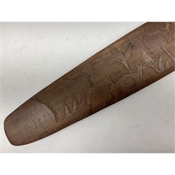 Australian Aboriginal shield, carved with Kangaroo and Emu, 74.5cm; Spear painted with aquatic creatures 78cm, and Spear thrower 81cm (3)