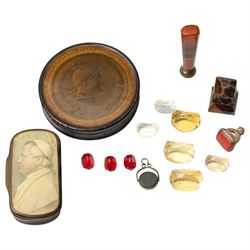 19th century papier mache snuff box, the cover with a papal figure, possibly Pope Pius, a ...