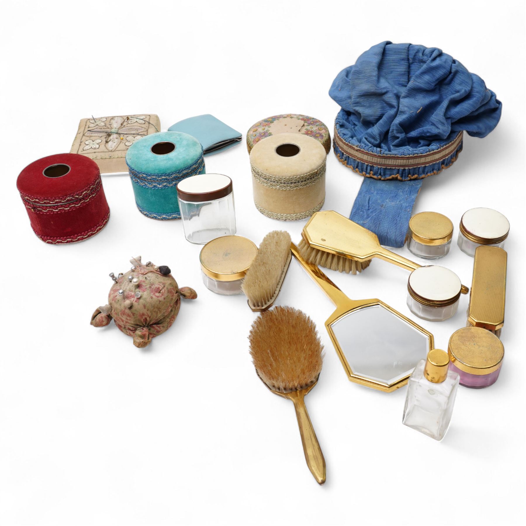 *Collection of dressing table jars, powder bowls and brushes, together with a collection of sewing cushions and an over-knee sewing bag
From the Kirkham Hall Attic & Cellar Collection, sold without reserve