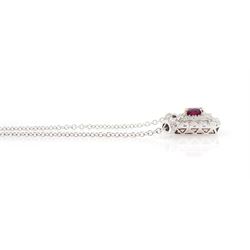 Platinum ruby diamond cluster pendant necklace, single oval cut ruby in a four claw 18ct rose gold setting of approx 0.58 carat, surrounded by two rows of round brilliant cut diamonds, London 2018, total diamond weight approx 0.84 carat, with Alan Poultney Gems report